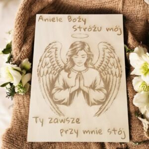 Drewniany obrazek z wizerunkiem Anioła Stróża – Katolicka Wspólnota MiMJ