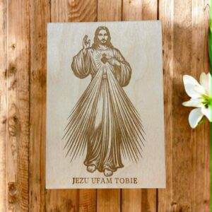Drewniany dwustronny obraz Jezus Ufam Tobie i wiersz "Idę za Toba" o. Daniela Galus