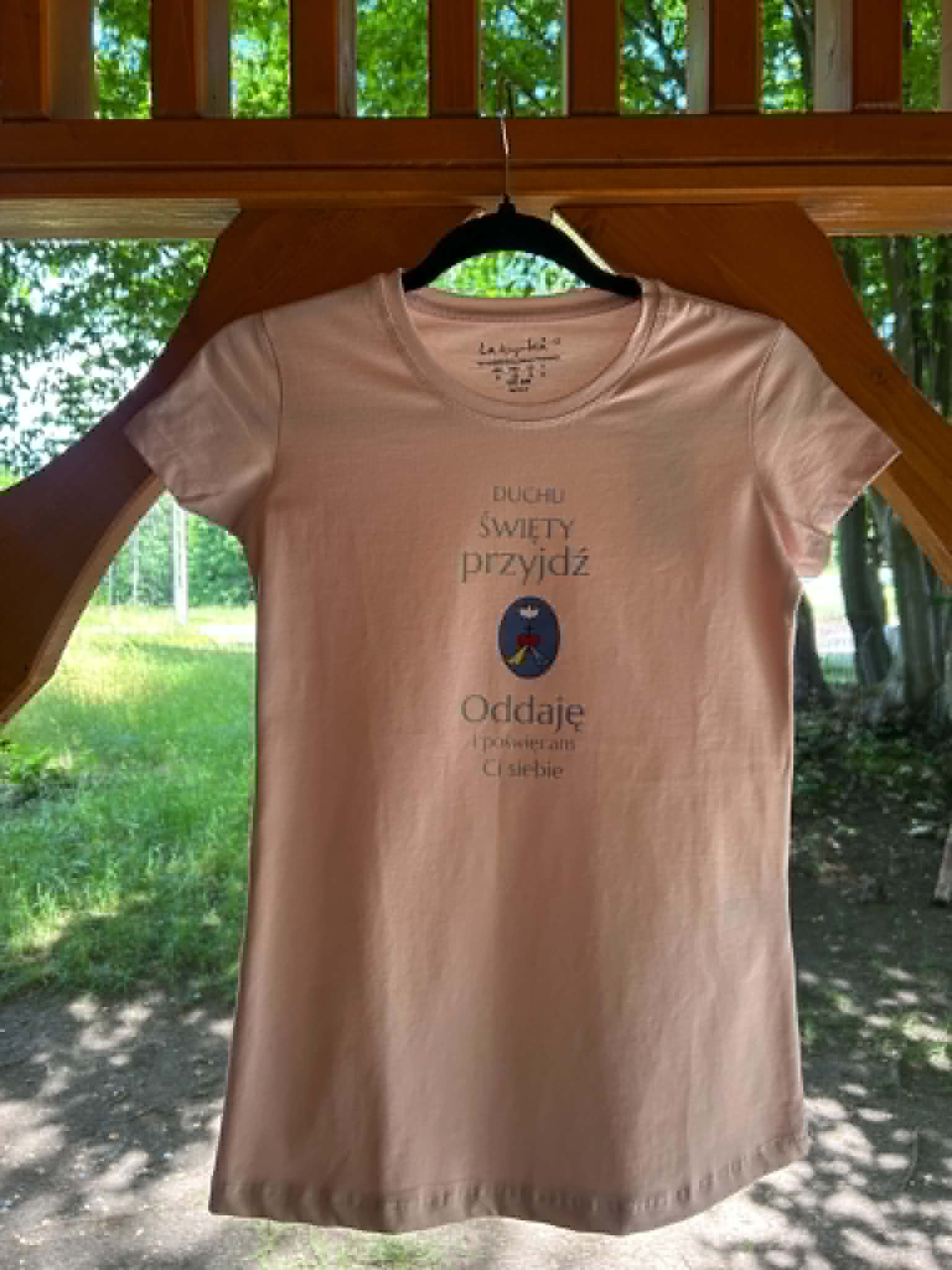 T-shirt damski „Duchu Święty Przyjdź” kolor jasnoróżowy