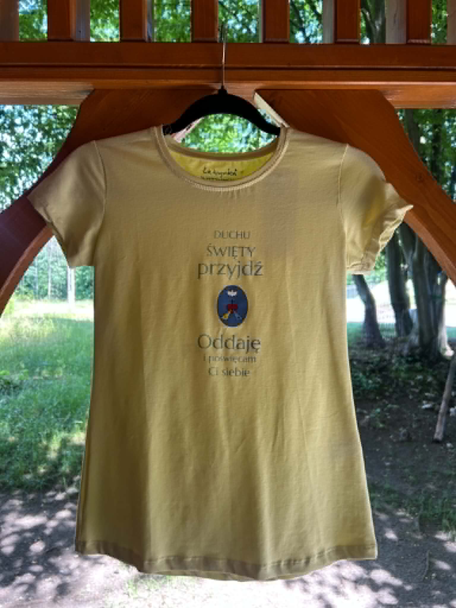 T-shirt damski „Duchu Święty Przyjdź” kolor jasnożółty