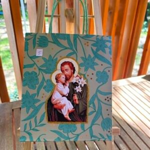 Średnia Torebka Prezentowa „Święty Józef z Dzieciątkiem” (Turkusowa w Kwiaty)