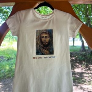 T-shirt damski "Bóg Mój i Wszystko" kolor biały (ecru)
