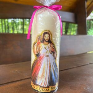 Średnia świeca ozdobna z wizerunkiem Jezusa Miłosiernego