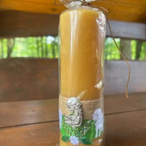 Średnia Świeca Naturalna z Matką Bożą z Dzieciątkiem (Juta i Zieleń z Owieczkami)